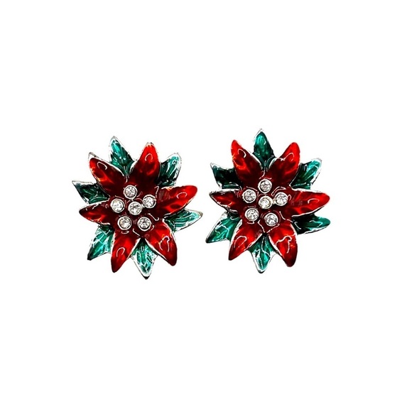 Vintage Enamel Poinsettia Clip On Earrings - Picture 1 of 4